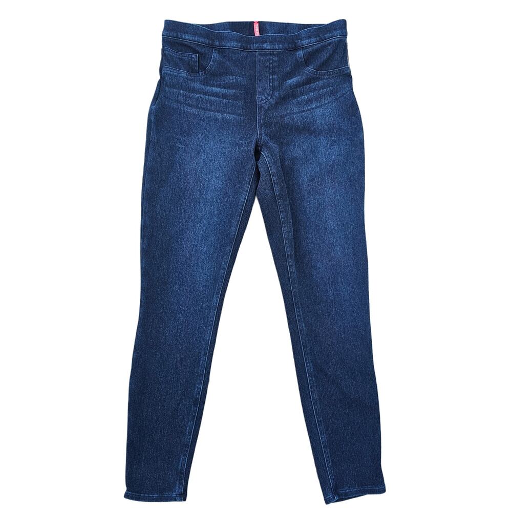 Spanx Jean-ish Leggings Dark Wash Stretch Knit Denim Look Size Large Ankle Crop